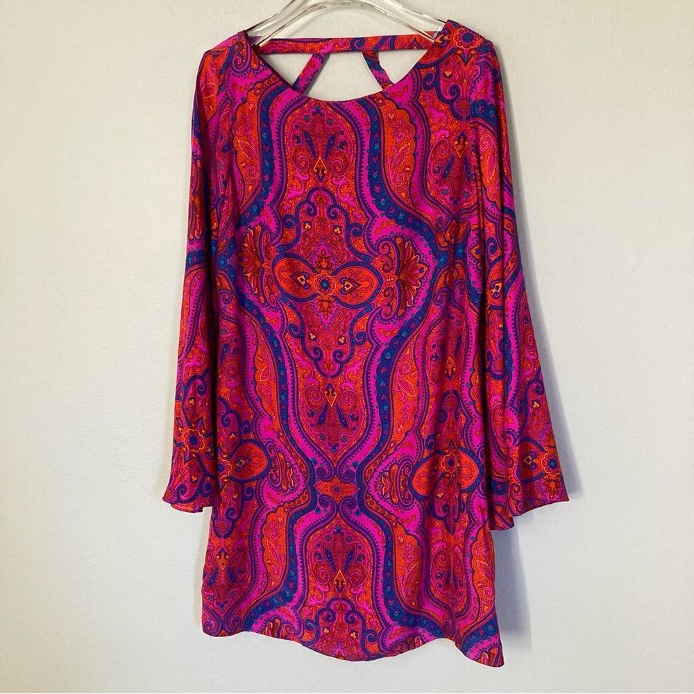 Alice and Trixie Silk Dress Bell Sleeve Mini Retro Paisley Criss Cross Back S